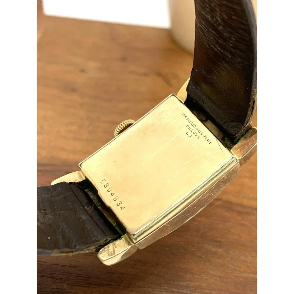 Bulova Watch Vintage 1953 8AC Mechanical Tank 10k Rolled Gold Brown Leather Band